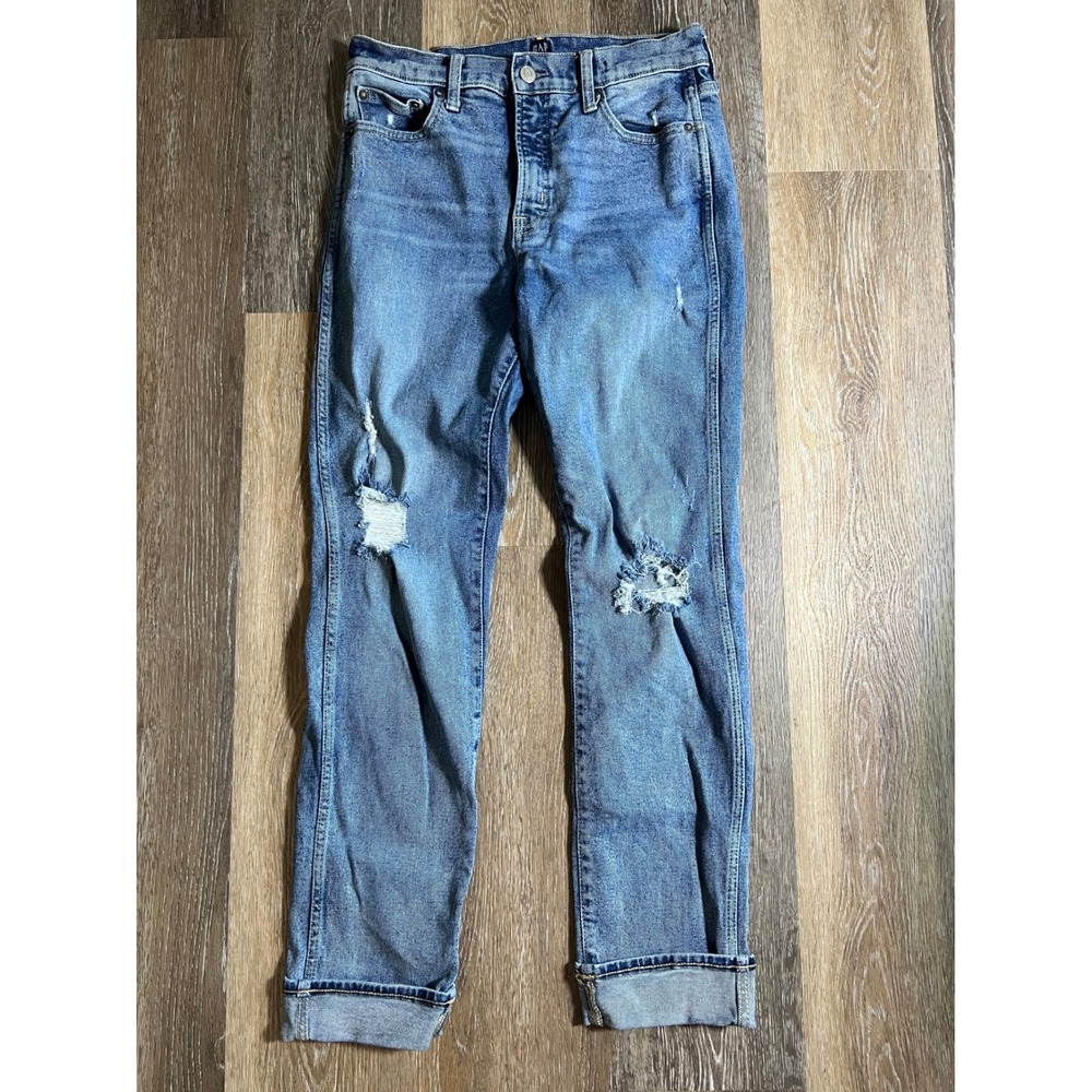 Gap Denim Womens 8 Distressed High Rise Straight Leg Blue Jeans‎ Medium Wash